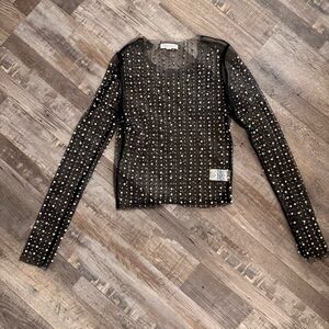 Endless Blu Pearl Mesh Top Size Small Sheer Rhinestone Long Sleeve Party